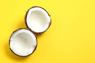 Renk arkaplan üzerinde hindistan cevizi, üst görünüm