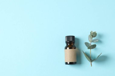 Okaliptüs, yeşil okaliptüs yapraklı cam bir şişede gerekli yağdır. Aromaterapi konsepti. Spa mı? Kozmetik ve vücut bakımı için doğal organik malzemeler.