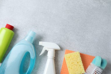 Birçok farklı temizlik ürünü, üst görünüm