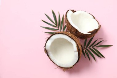 Renk arkaplanı üzerine taze hindistan cevizi, üst görünüm