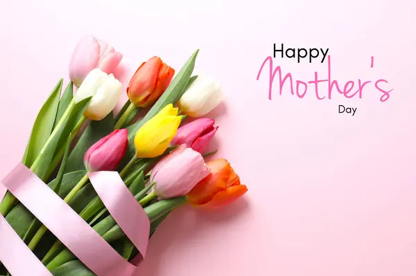 Happy Mother Day Schöne Tulpen Auf Farbigem Hintergrund Stockbild