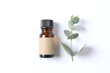 Beyaz arka planda yeşil okaliptüs yaprakları olan cam bir şişede gerekli okaliptüs yağı. Aromaterapi konsepti. Spa mı? Kozmetik ve vücut bakımı için doğal organik malzemeler.