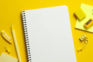 Renk arkaplanı ve üst görünümü üzerine dizüstü bilgisayarı olan düz uzandı