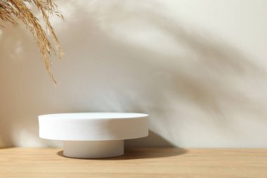 Ürün fotoğrafçılığı için destek. Ahşap masada farklı podyumlar