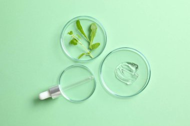 Renk arkaplanında kozmetik jel lekeleri ve bitkiler