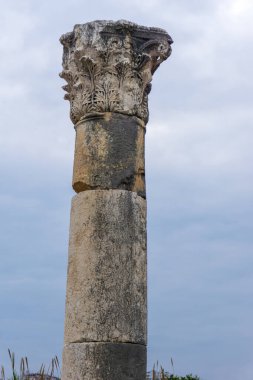 Antik Korint Sütunu. Ayrıntılı oymalarla yıpranmış Roma sütunu. Taş harabeleri gökyüzüne ulaşır, uygarlığı kaybeder, seçici odaklanır.