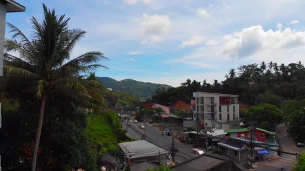 Zicht Weg Van Onder Palmbomen Huizen Omgeven Door Groene Natuur — Stockvideo