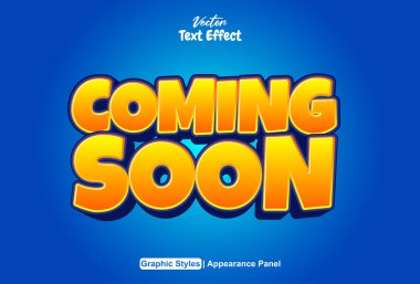 yakında turuncu grafik biçimli ve düzenlenebilir metin efekti.