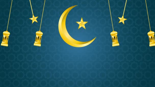 Ramadan Kareem Geanimeerde Beelden Met Blauwe Achtergrond Lantaarns Sterren Maan — Stockvideo
