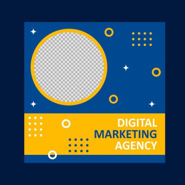 Sosyal medya promosyon için mavi ve sarı renkli şablon tasarımı.