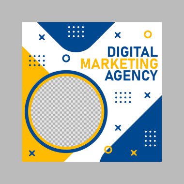 Dijital pazarlama şirketi için mavi ve sarı sosyal medya şablon tasarımı.