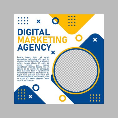 Dijital pazarlama şirketi için mavi ve sarı sosyal medya şablon tasarımı.