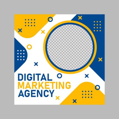Dijital pazarlama şirketi için mavi ve sarı sosyal medya şablon tasarımı.
