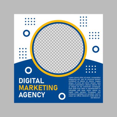 Dijital pazarlama şirketi için mavi ve sarı sosyal medya şablon tasarımı.