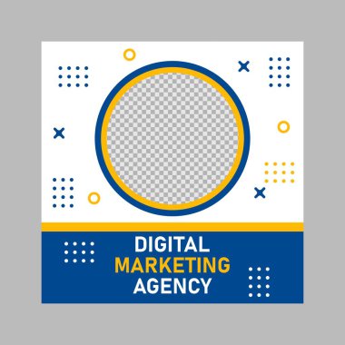 Dijital pazarlama şirketi için mavi ve sarı sosyal medya şablon tasarımı.