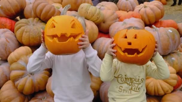 Dzieci Trzyma Pustą Złowieszczą Dynię Rękach Dzień Halloween Tle Dyń — Wideo stockowe