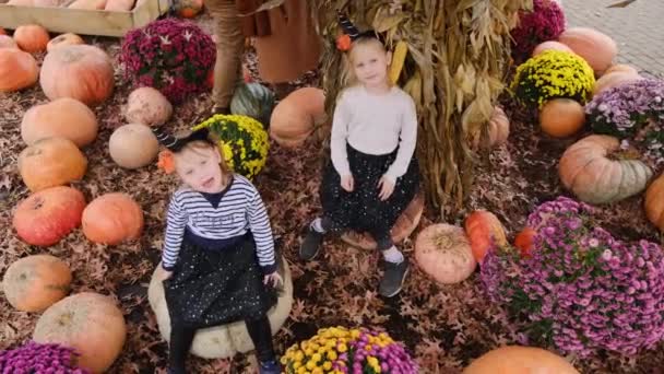 Twee Zusjes Carnavalskostuums Zitten Pompoenen Herfstpompoenenenmarkt Oogstseizoen Voorbereiding Voor Halloween — Stockvideo