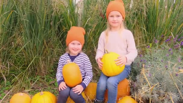Twee Zusjes Met Een Pompoen Hun Handen Herfstmarkt Oogstseizoen Voorbereiding — Stockvideo