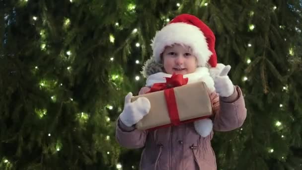 Šťastná Holčička Klobouku Santa Dívá Kameru Držící Vánoční Krabici Rukou — Stock video
