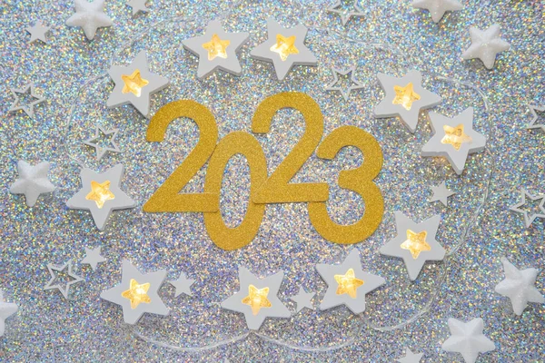 2023 Numero Foglio Oro Stelle Coriandoli Sfondo Argento Glitter Concetto — Foto Stock