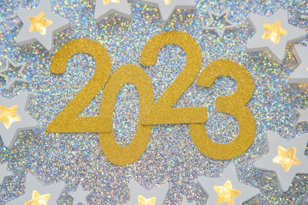 2023 Numero Foglio Oro Stelle Coriandoli Sfondo Argento Glitter Concetto — Foto Stock