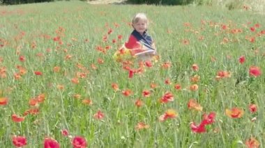 A little blond girl standing on a green wheat field with poppies hugs herself with Germany flag. Flag of Germany. patriotism, independence day