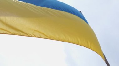 Ulusal Ukrayna bayrağı mavi gökyüzüne karşı. Ukrayna bayrağı rüzgarda dalgalanıyor. Ukraynalıların resmi devlet sembolü. Vatanseverlik.