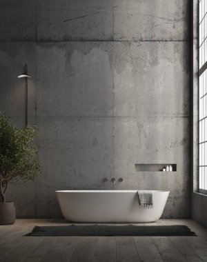 3 boyutlu modern beton banyo ve beyaz küvet. Ahşap zemin ve sağında doğal ışık olan büyük bir pencere. Küçük ağaç ve duvar lambası.