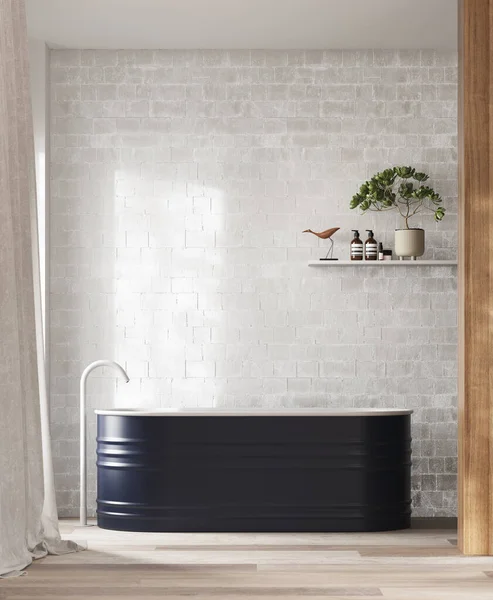 3D带有白色砖墙和蓝色浴缸的渲染浴室 木地板和架子与装饰 来自左窗的自然光 带有白色帷幕 纵向格式 — 图库照片