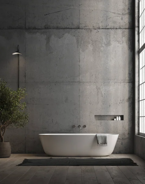 3D现代混凝土墙浴室的渲染与白色浴缸 木地板和大窗户 右边有自然光 小树和墙灯 — 图库照片