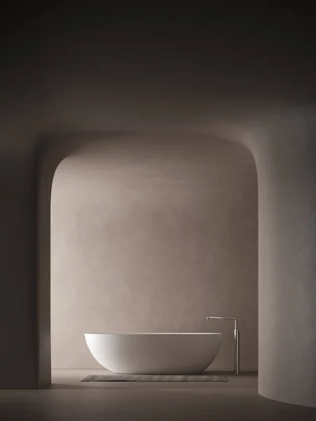 Render Modern Fürdőszoba Ívelt Vakolat Falak Fehér Fürdőkád Ablak Bal — Stock Fotó