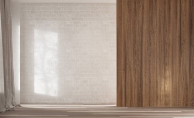Beyaz tuğla duvar ve ahşap zeminden oluşan üç boyutlu bir boşluk. Sağ ahşap duvar ve soldan beyaz saraylı doğal ışık..
