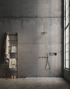 Modern Beton Duş Banyosu 'nun 3 boyutlu kopyası. Ahşap zemin ve sağında doğal ışık olan büyük bir pencere. Havlu ahşap merdiven..