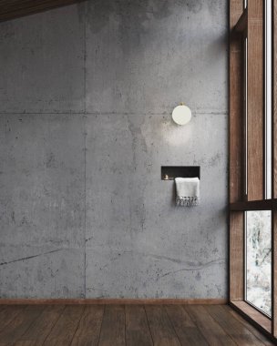 3 boyutlu banyo, beton duvar ve lavabo dolabı için yer. Sağdaki büyük tahta pencere, doğal ışık alıyor. Duvar lambası.