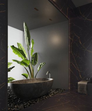 Üç boyutlu modern banyo, siyah mermer ve alçı duvarlı. Siyah küvet ve yerde siyah taşlar. Büyük bitkiler. Doğal ışık. 