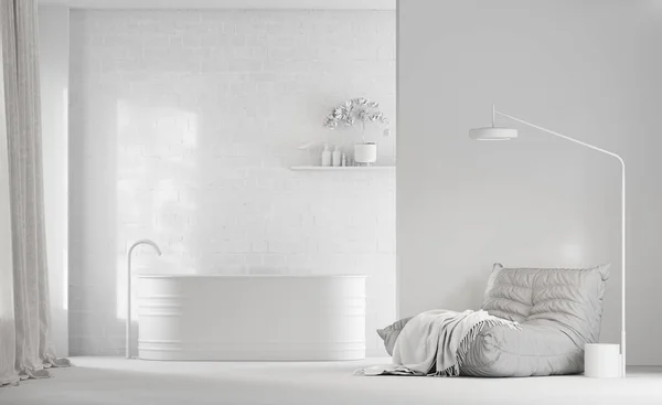 3Dレンダリングバスルームのすべての要素で白仕上げ レンガの壁と浴槽 床灯の右側のアームチェア — ストック写真