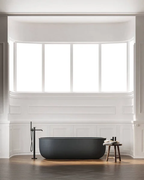 3D现代浴室的渲染与经典的墙壁和窗户 黑色浴缸和有毛巾的凳子 — 图库照片