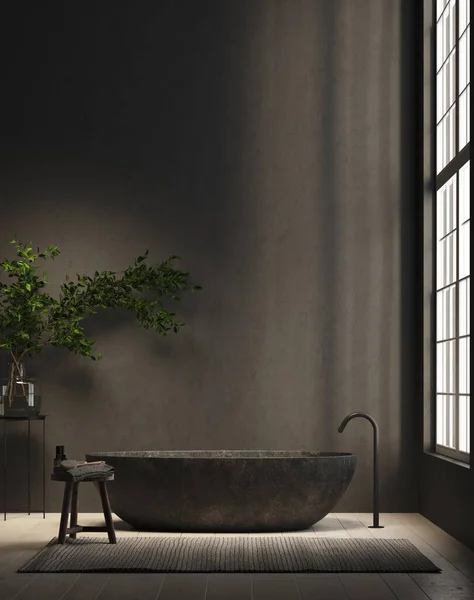 Render Modern Bathroom Black Plaster Wall Black Bathtub Big Window — Stock Photo, Image