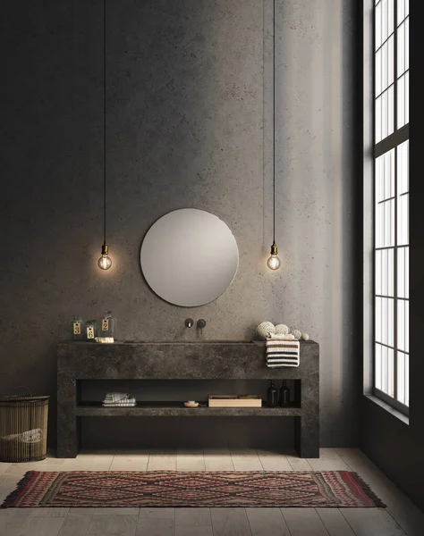 Renderizado Moderno Baño Pared Hormigón Con Muebles Fregadero Negro Suelo —  Fotos de Stock