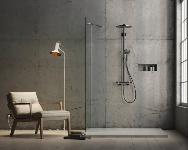 3D带淋浴间的现代混凝土墙体浴室 木地板和大窗户 右边有自然光 左边的皮革扶手椅 有落地灯 — 图库照片