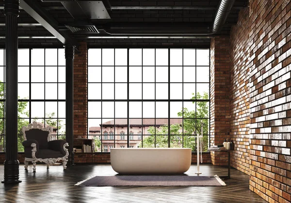 3D素晴らしい窓のあるモダンなバスルームのレンダリング 右側の白い浴槽とレンガの壁 灰色のカーペットと古典的なアームチェアと木製の床 — ストック写真