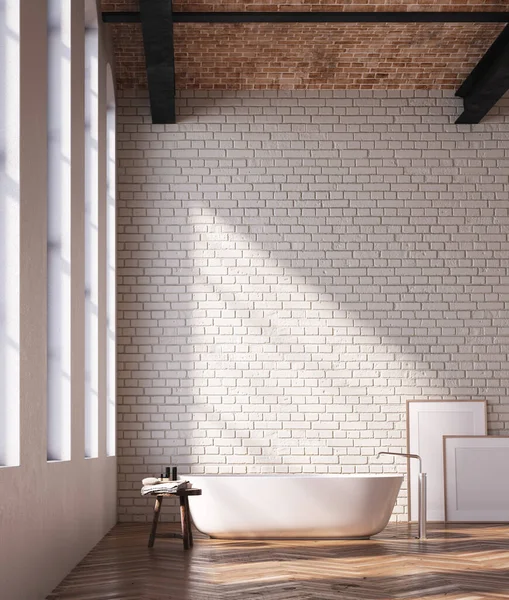 3D提供现代化的带有巨大窗户的浴室 白色浴缸和白色砖墙 木地板 — 图库照片