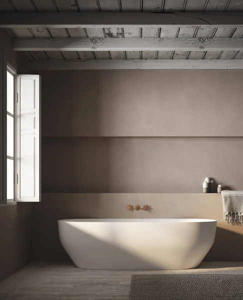 3D现代浴室的渲染与灰泥墙和白色浴缸 左边的窗户有自然光 木地板和天花板 — 图库照片