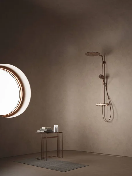 3D现代浴室的渲染与弯曲的石膏墙壁和淋浴 左手边的窗户被自然光环绕 有浴池和灰色地毯的小桌子 — 图库照片