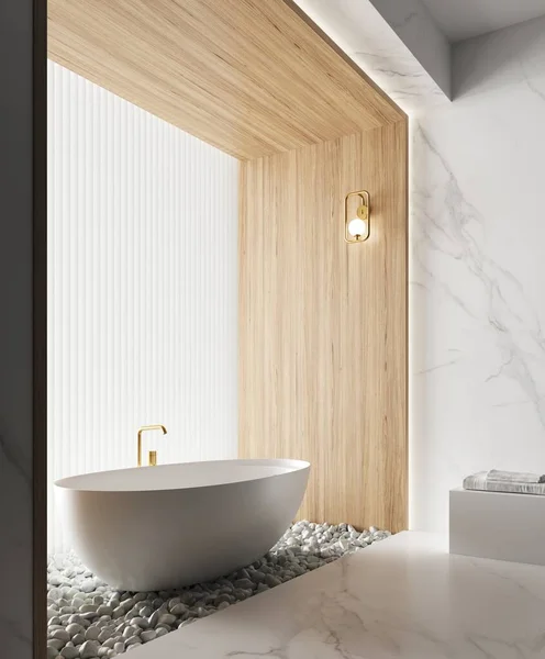 3D白い大理石と木の壁とモダンなバスルームのレンダリング 床に白い浴槽と白い石 自然光だ 壁の金属ランプ — ストック写真