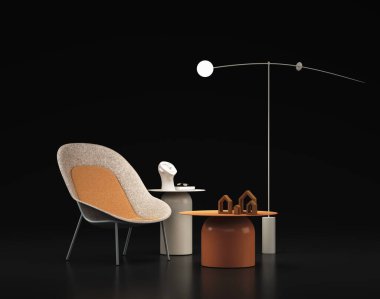 Alçak masa ve zemin lambası beyaz arka planda olan üç boyutlu beyaz koltuk. Stüdyo yumuşak ışıklandırma