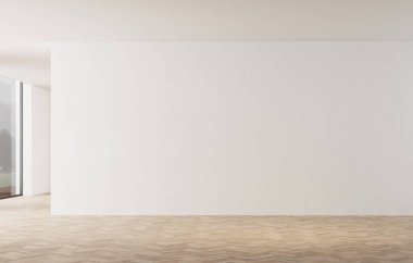 Beyaz duvarları ve ahşap zemini olan üç boyutlu boşluk oluşturma. Sol taraftaki doğal ışık ve pencereler..