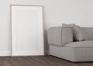 Açık alçı duvar ve ahşap zeminden yapılmış 3 boyutlu çerçeveler. Duvardaki beyaz çerçeveler. Gri Kanepe