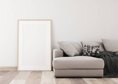 Açık alçı duvar ve ahşap zeminden yapılmış 3 boyutlu çerçeveler. Duvardaki beyaz çerçeveler. Gri Kanepe