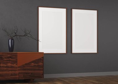 Koyu alçı duvarlı ve ahşap zeminli 3D oturma odası. Duvardaki beyaz çerçeveler. Tahta büfe dolabı